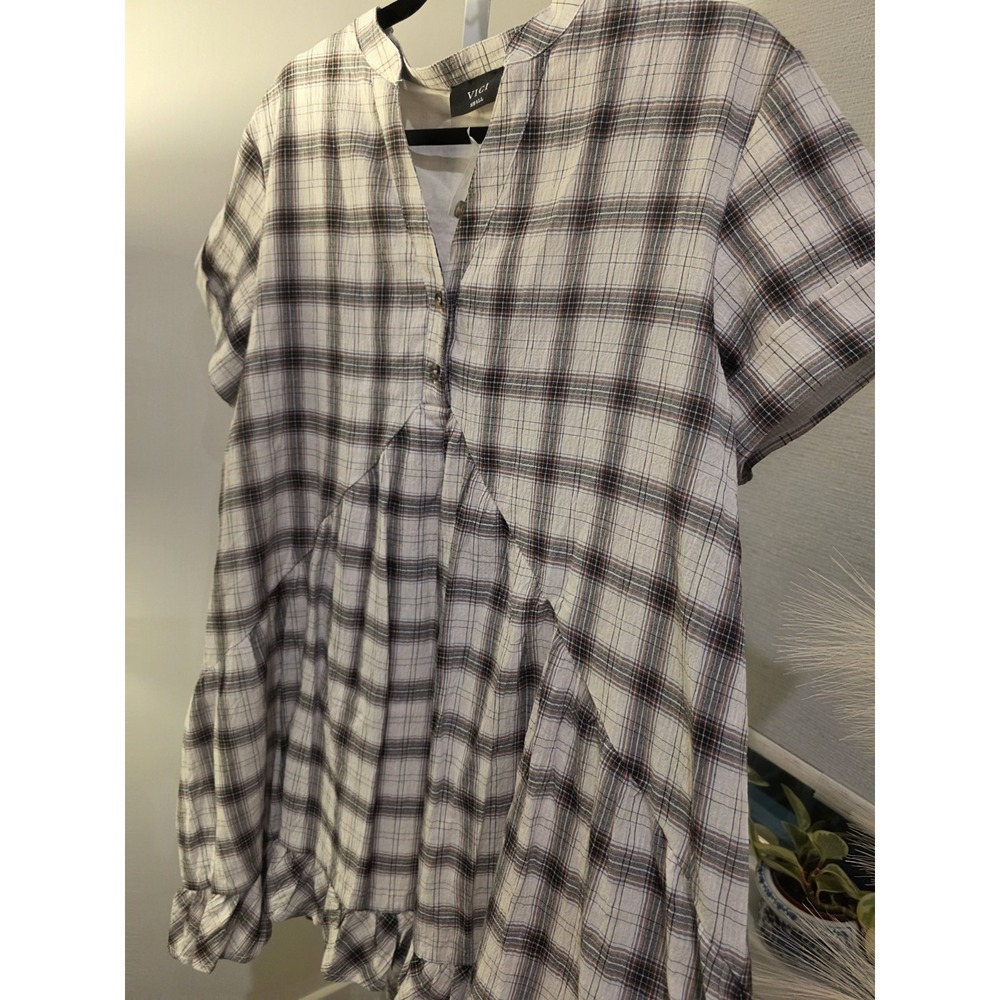 Crinkle Cotton Plaid Babydoll Midi Dress S Brown/White Boho Beachy NWOT - Picture 16 of 16